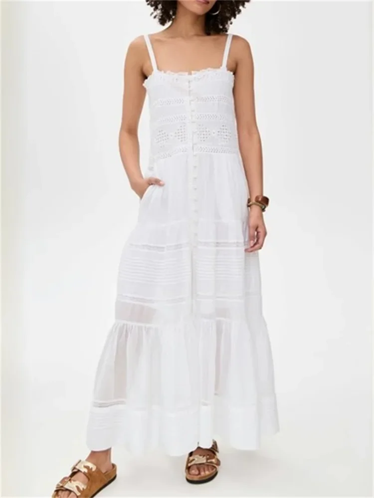 

Women Lace Stitching Sling Midi Dress French Single-Breasted Female Sleeveless White Casual Robe for 2025 Spring Summer