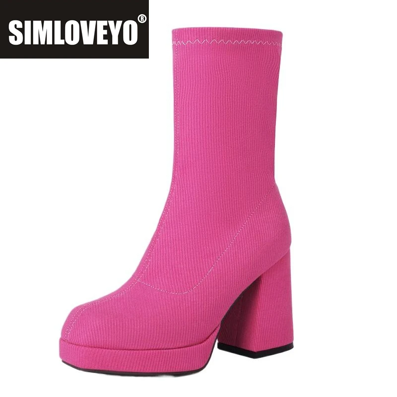 

SIMLOVEYO/женские эластичные ботинки без шнуровки на платформе 9 см, размеры 45, 46, 47, модные ботинки до середины икры для свиданий
