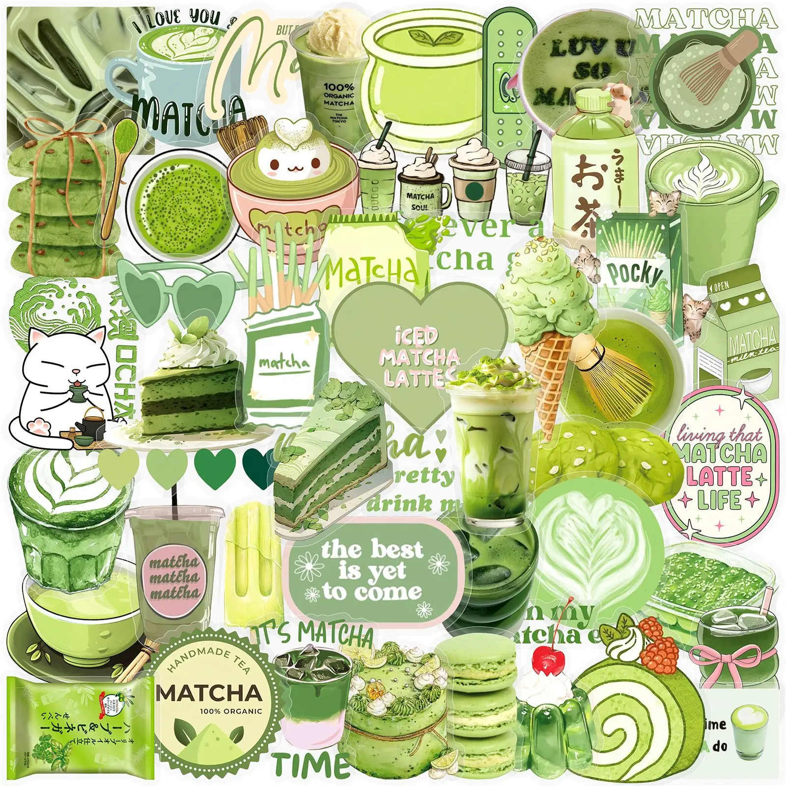 50 Pcs Cartoon Cute Matcha Girl Artistic Graffiti Stickers Transparent PET Waterproof Decals for Water Bottle Journal Gift