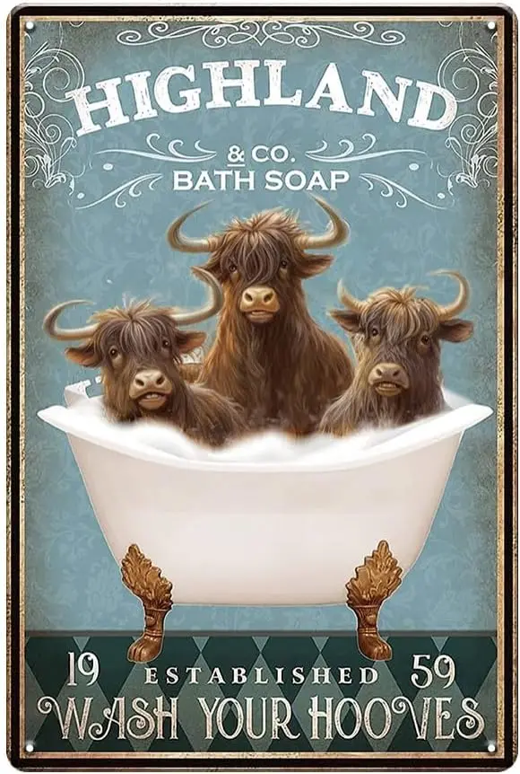 YOYI ART Funny Highland Cow Bathroom Decor Sign - Wash Your Hooves, Metal Tin Signs Vintage for Bathroom, Washroom, Restoom and