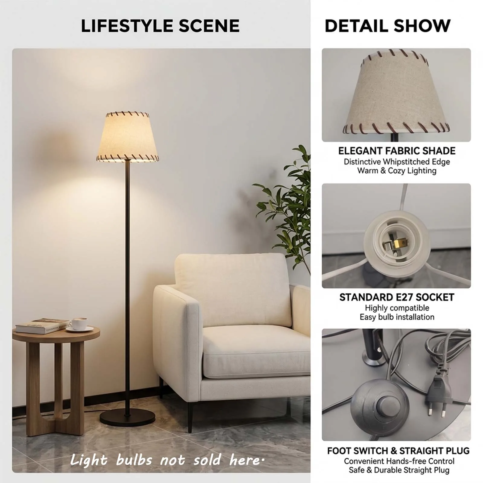 Black Standing Lamp 166cm with Cream Fabric Shade and Stitched Trim for Minimalist Bedroom Reading Corner