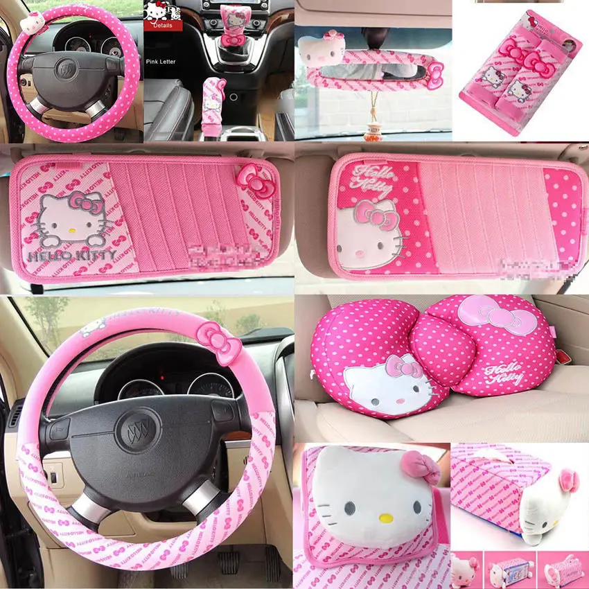 

Kawaii Hello Kitty Steering Wheel Cover Car Seat Tissue Box Waist Headrest Pillow Headrest Protective Sleeve For Car Decoration