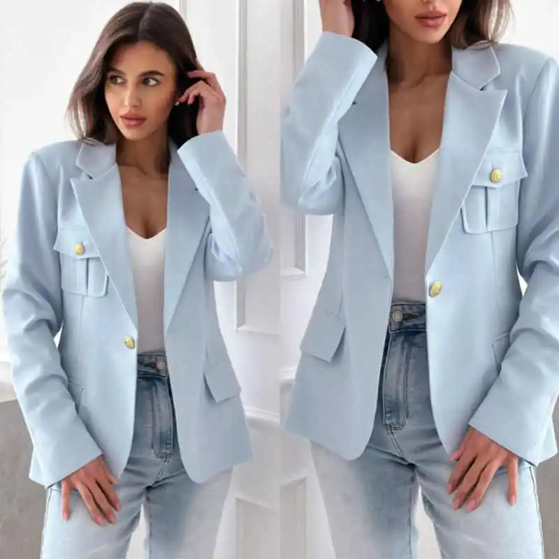 Casual Women Blazer Jacket Light Blue Multi Pocket Single Button Coat Loose Outfit For Daily Commute Office Dating Customized
