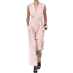 Women's Sleeveless Top with Bow Tie and Pleated Decoration Elastic High Waisted Wide Leg Pants Set New