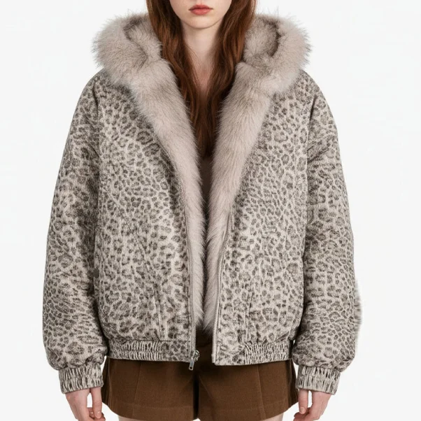 

Осенне-зимняя куртка с леопардовым принтом на подкладке из искусственного меха, теплое пальто с капюшоном и длинными рукавами, новинка 2025 года, модная верхняя одежда для леди High Street