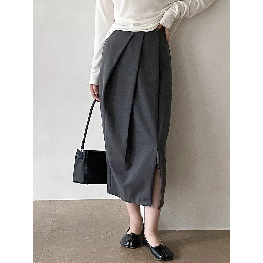 FANAN Women High Waist Pleated Midi Skirt Front Split Draped Design Loose Solid Gray Casual Office Long Skirt Autumn New