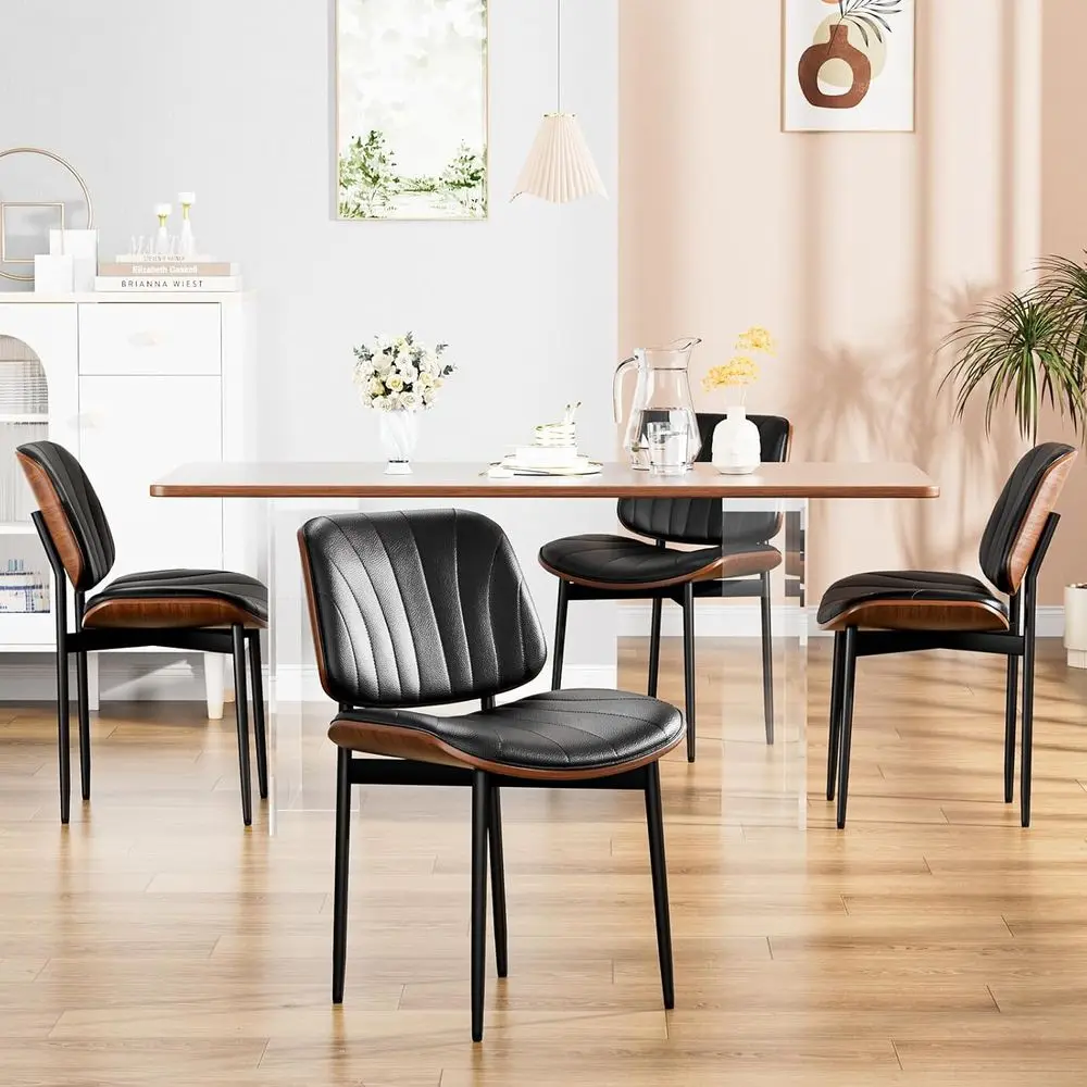 

Set of 4 Modern Dining Chairs, Upholstered in PU Leather, Walnut and Metal Legs, Black Accent Chairs for Kitchen or Dining Room