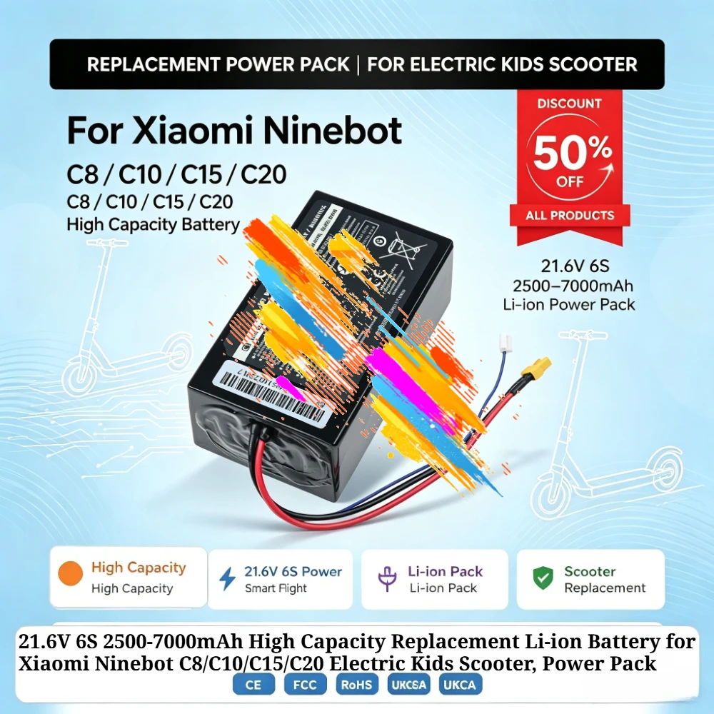 21.6V 6S 2500-7000mAh High Capacity Replacement Li-ion Battery for Xiaomi Ninebot C8/C10/C15/C20 Kids Scooter Power Pack