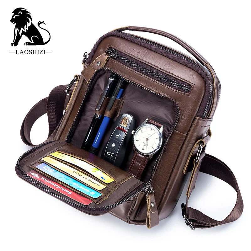 Laoshizi high-end masculino de luxo couro bolsa de ombro lazer negócios crossbody sacos de grande capacidade multifuncional masculino bolsa