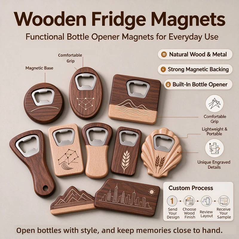Customized Blank Wooden Bottle Opener with Magnets Bar Engraved Fridge Opener Decoration Personalized Logo Shape Souvenir Magnet