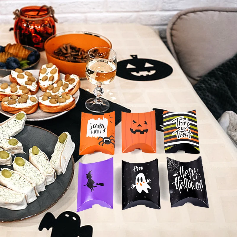 10pcs Halloween Pillow Shape Candy Box Pumpkins Ghost Printed Paper Bag Trick Or Treat Halloween Party Decor Supplies Kids Gifts