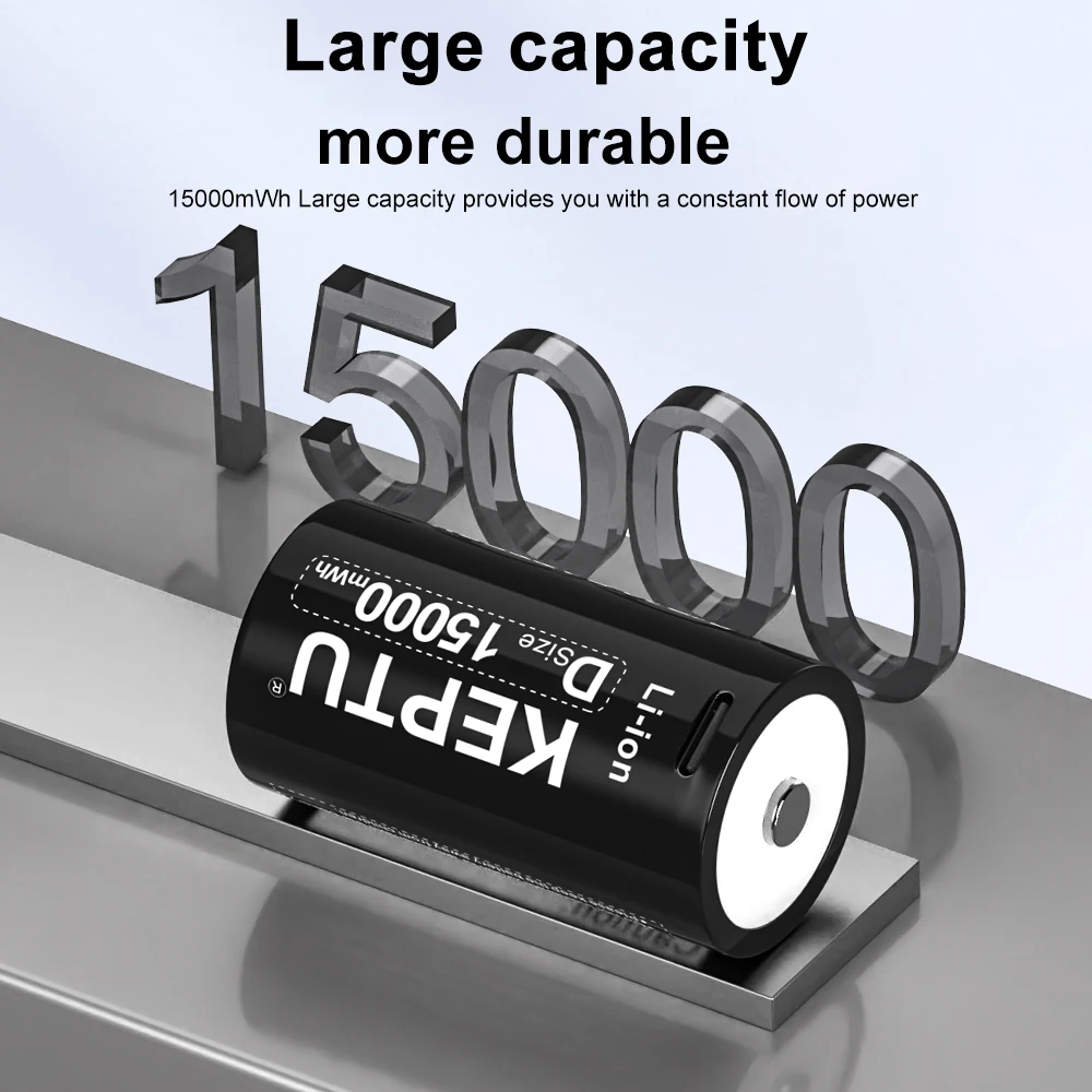 USB Rechargeable D Size Batteries R20 LR20 HR20 Li-ion 1.5V 15000mWh with Type-C Cable for Gas Appliances