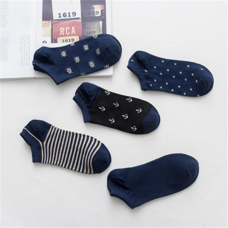 Men\'s Navy Wind Fashion Blue Anchor Star Stripes Rudder Patterned Soft Cotton Short Ankle Socks Casual Business Dropship