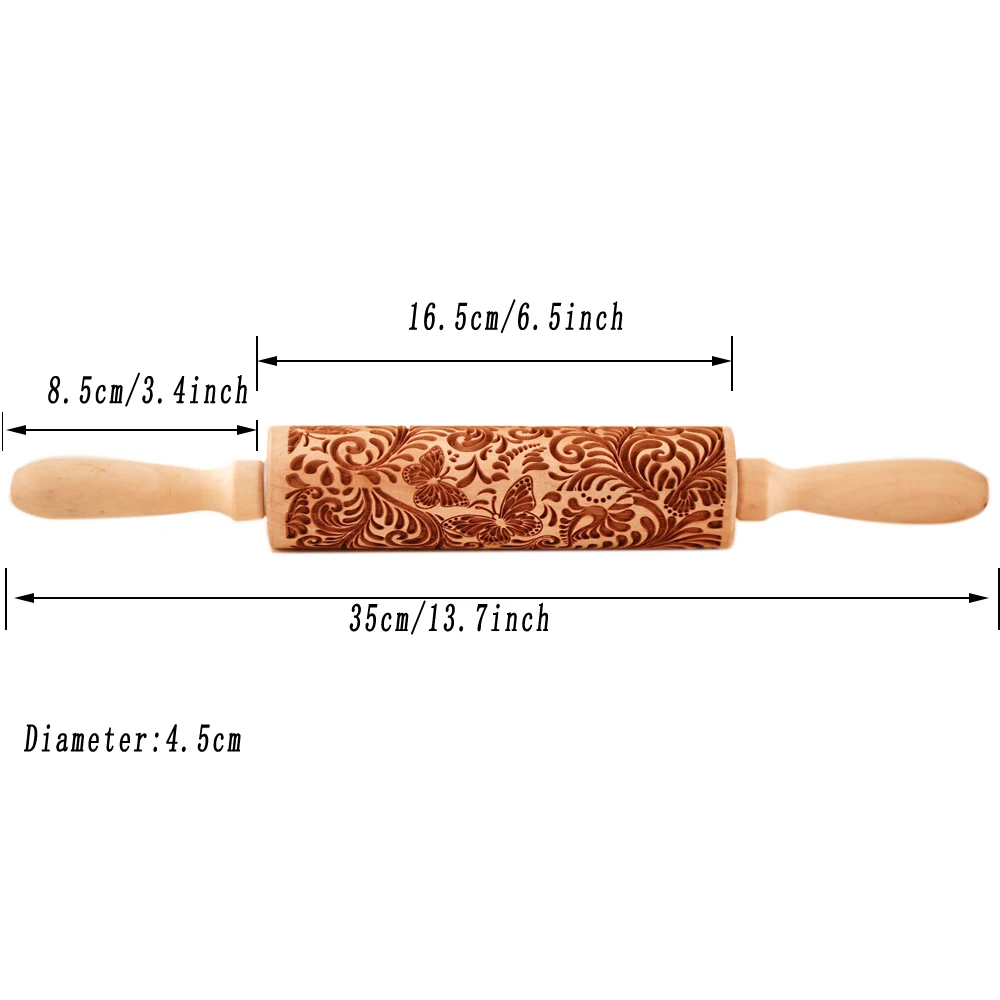 1pc 13.7in Wooden Butterfly Embossed Rolling Pin For Kitchen Pastry Baking Tools Tree Vine Deep Engraving Cookies Stamp Tool