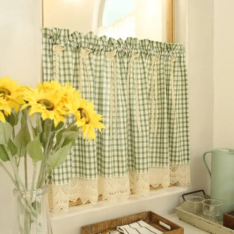 Short Curtain Cotton Green Check Plaid Gingham Embroidered Lace with Bows Opaque Window Treatment Valance Panel Drapes