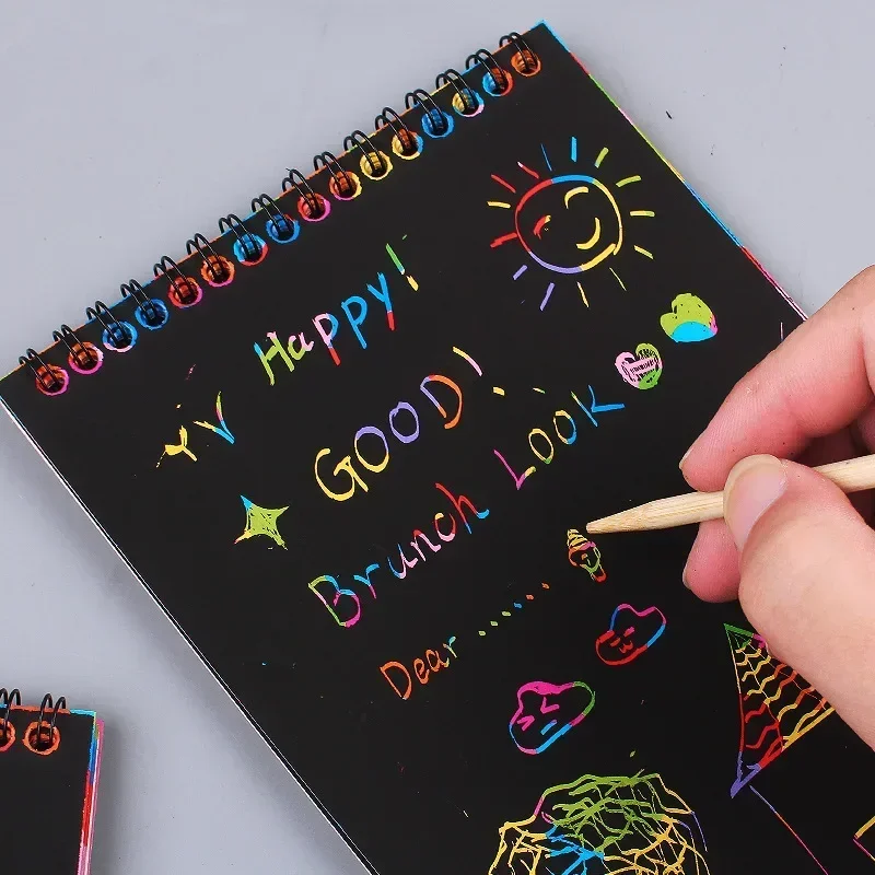 10 Sheets Fun Magic Drawing Book Toy DIY Scratch Notebook Black Cardboard Children Learning Toys Scratch Art Painting Doodle