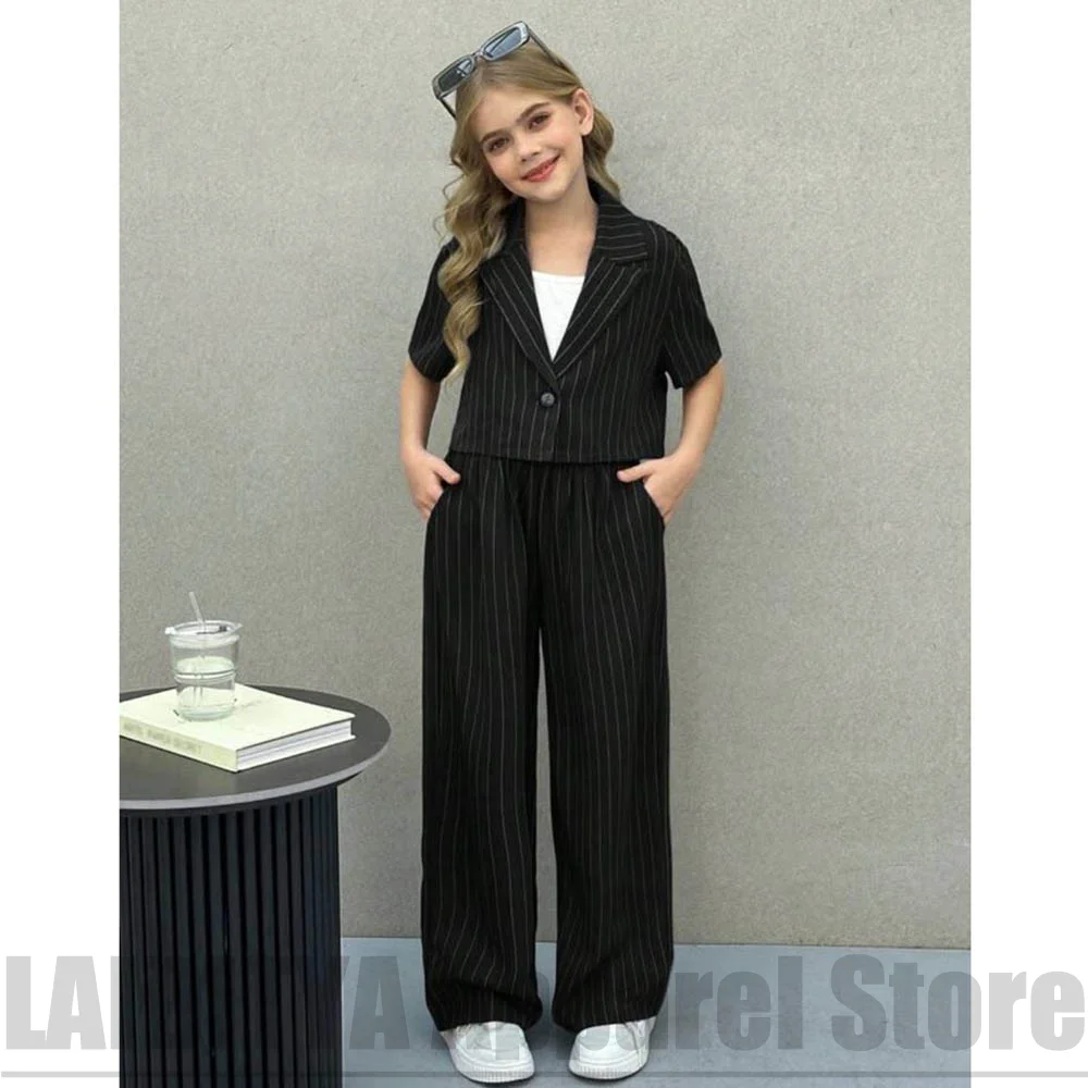 Girls Striped Suit Fashion Short Sleeve Blazer with Pants Kids Casual Chic Outfit Birthday Party Street Daily Wear 2 Piece