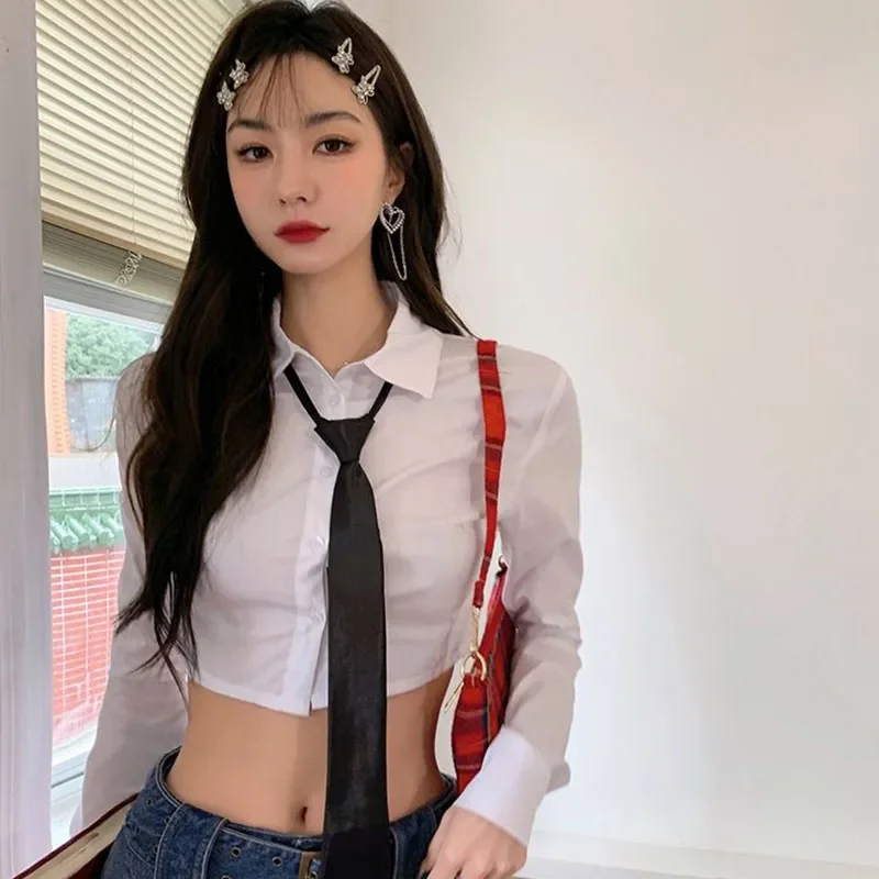 Lucyever Korean White Cropped Shirt for Women Sexy Slim Preppy Style Jk Tie Blouses Woman 2025 Spring New Long Sleeve Shirts