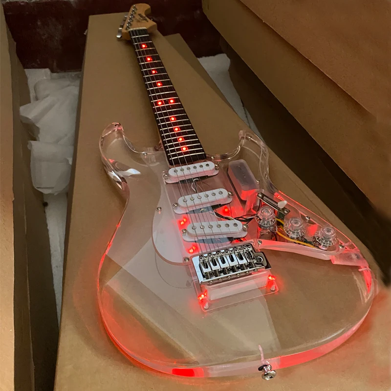 In Stock Acepro Red LED Light Electric Guitar, Clear Acrylic Body Crystal Guitar, Transparent Pickguard, Free Shipping Guitarra