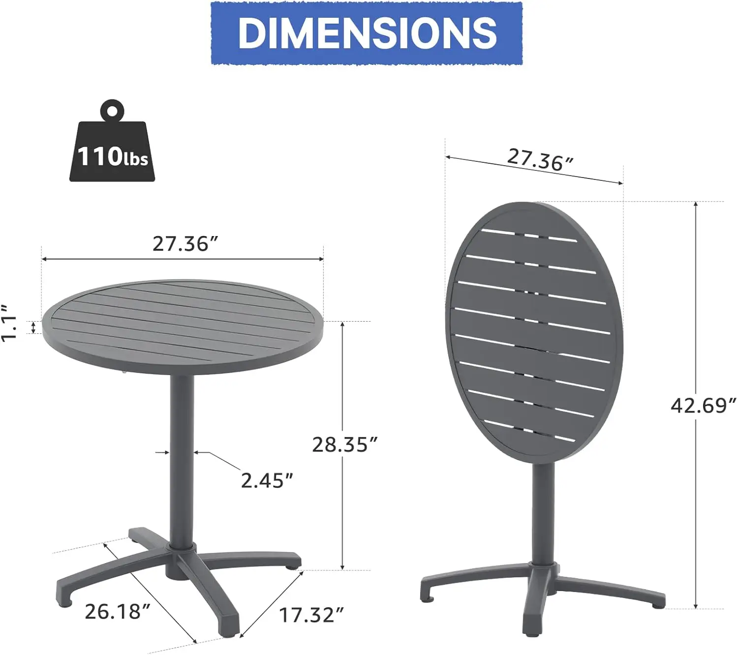 Aluminum Bistro Table with Folding Table Top and Base, Modern Dining Table for Yard Balcony Pool and Restaurant Cafes, Dark Grey