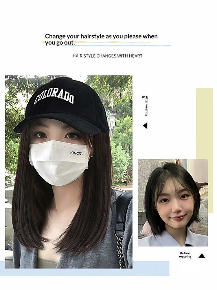 Synthetic 12-inch Winter Baseball Cap Cold-resistant Wig Hat Medium-long Straight Hair with Black Cap Adjustable for Women