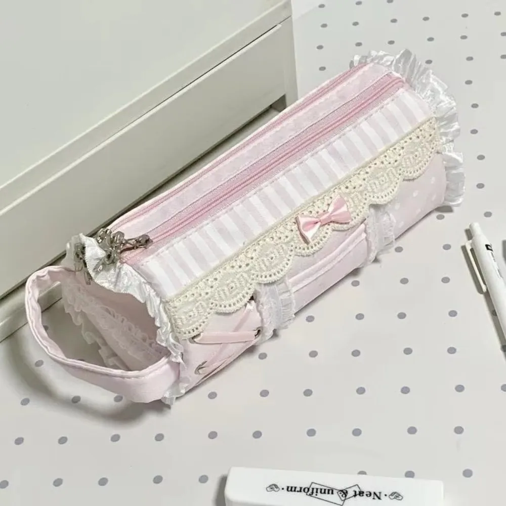 NEW Design Large Capacity Lace Pencil Case INS Style Pink Pencil Pouch Sweet Ruffle Stationery Pen Bag Makeup Storage