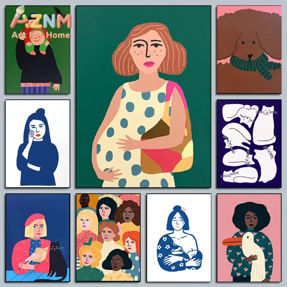 

1pc Minimalism Cartoon Still Life Posters Composition Of Six Cats Mother-to-be Canvas Painting Wall Pictures Home Room Decor