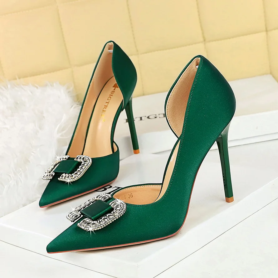 

European American Style Side Empty Pointed Toe Shallow Mouth Women's Shoes Rhinestone Buckle Super High Heel Satin Single Shoes