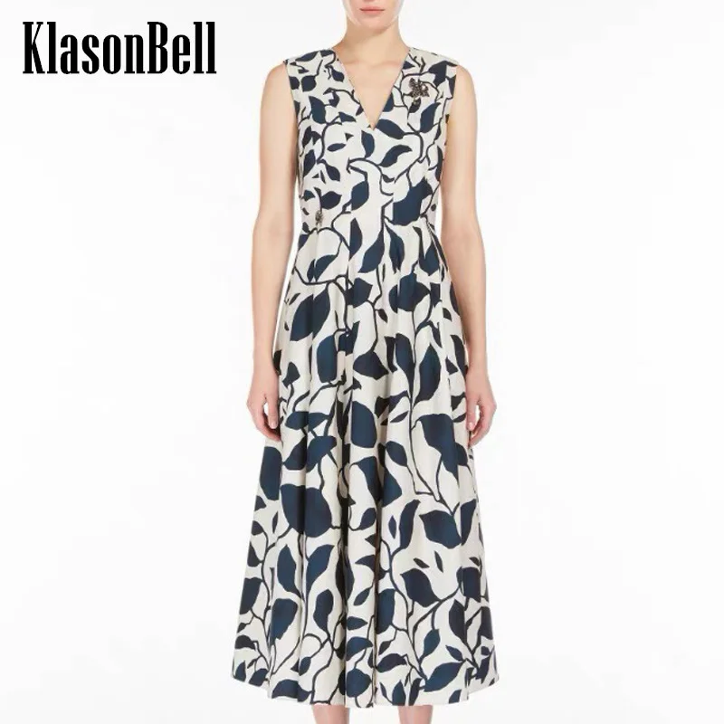

6.22 KlaasonBell Women's V-Neck Sleeveless Flower Print High Waist Dress Elegant Holiday Midi Dress Back Lace-up Cotton Dress