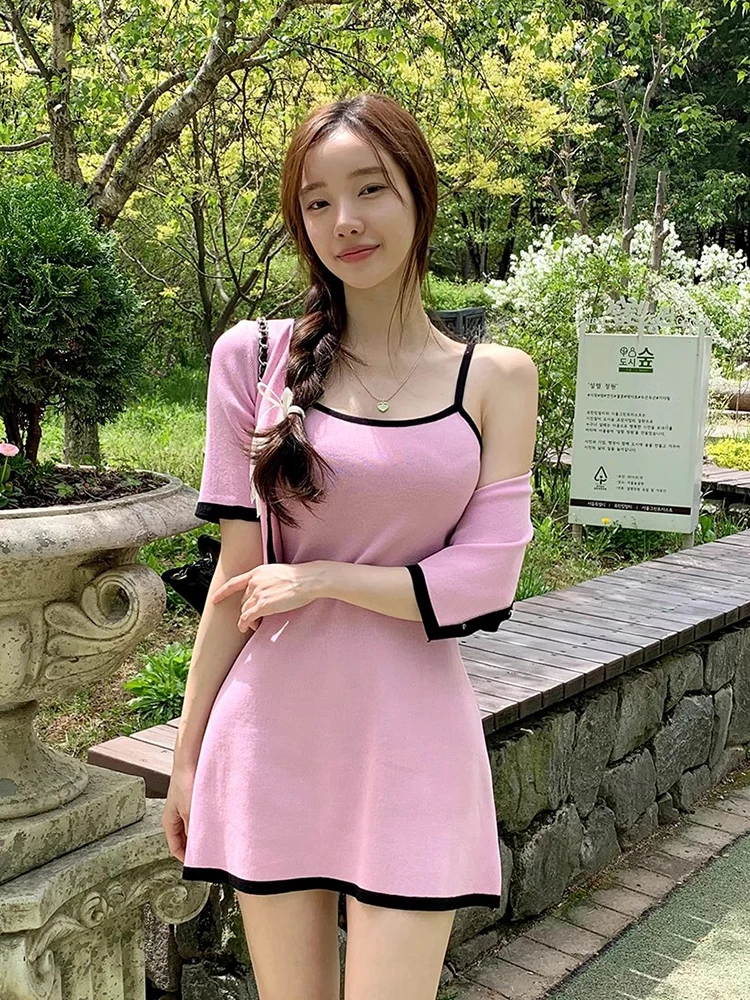 

Chic Summer Sweet Color Blo ort Sve Jaet Knitted Dr ort Skirt Set Faionable Versatile Outfit for Young Women