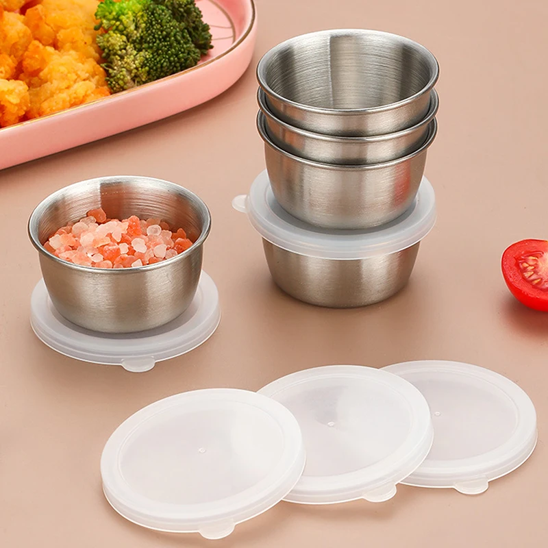 

1/6pcs 40ML Salad Dressing Container Sauce Dishes Portable Stainless Steel Small Sauce Cup With Leakproof Lids Dipping Cups