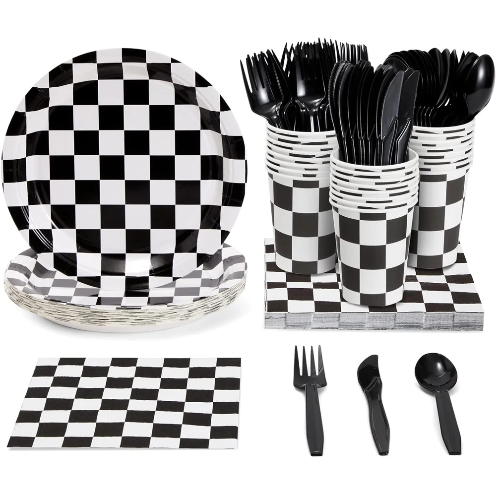 Piece Race Car Birthday Party Supplies with Checkered Flag Plates, Napkins, Cups, and Cutlery