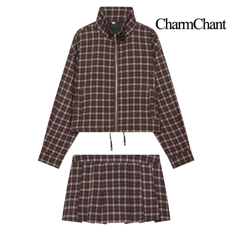 CHARMCHANT Women's Plaid Two Piece Set Zip-Up Cropped Jacket Pleated Mini Skort High Collar Y2K Preppy Streetwear Fall 2026
