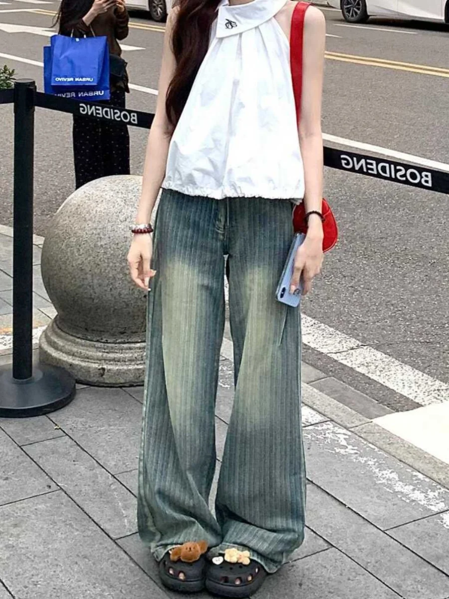 

Джинсы в полоску с высокой талией и широкими штанинами, женские свободные брюки длиной до пола, длинные брюки прямого кроя для похудения, весна-осень pl...