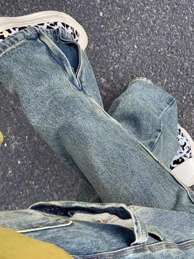 

American Sle Side Zipper Flared Jeans Men's Summer Retro Cool Straight Leg Workwear Trousers Loose Fit Casual Jeans