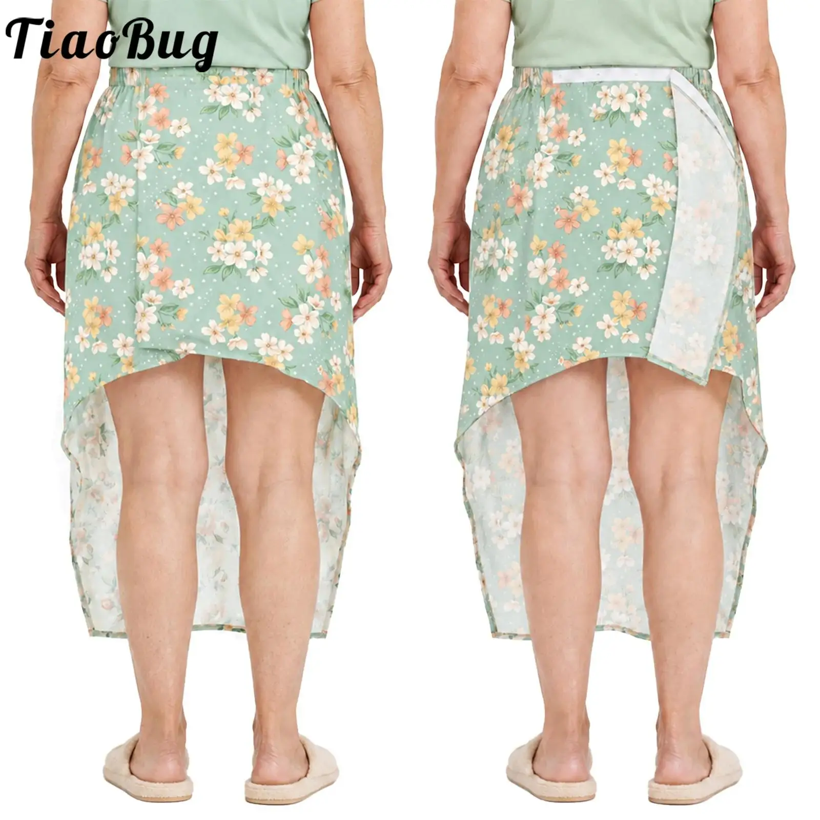 Women Adaptive Wrap Asymmetrical Hem Skirts Back Press Buttoned Side Elastic Waist Floral Print Skirts for Wheelchair Elderly