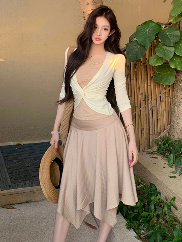 

Sexy Lace Trim Slim Fit T-Shirt Top High Waist Asymmetrical Slimming Half Body Skirt Set Women's Fashion Casual Wear