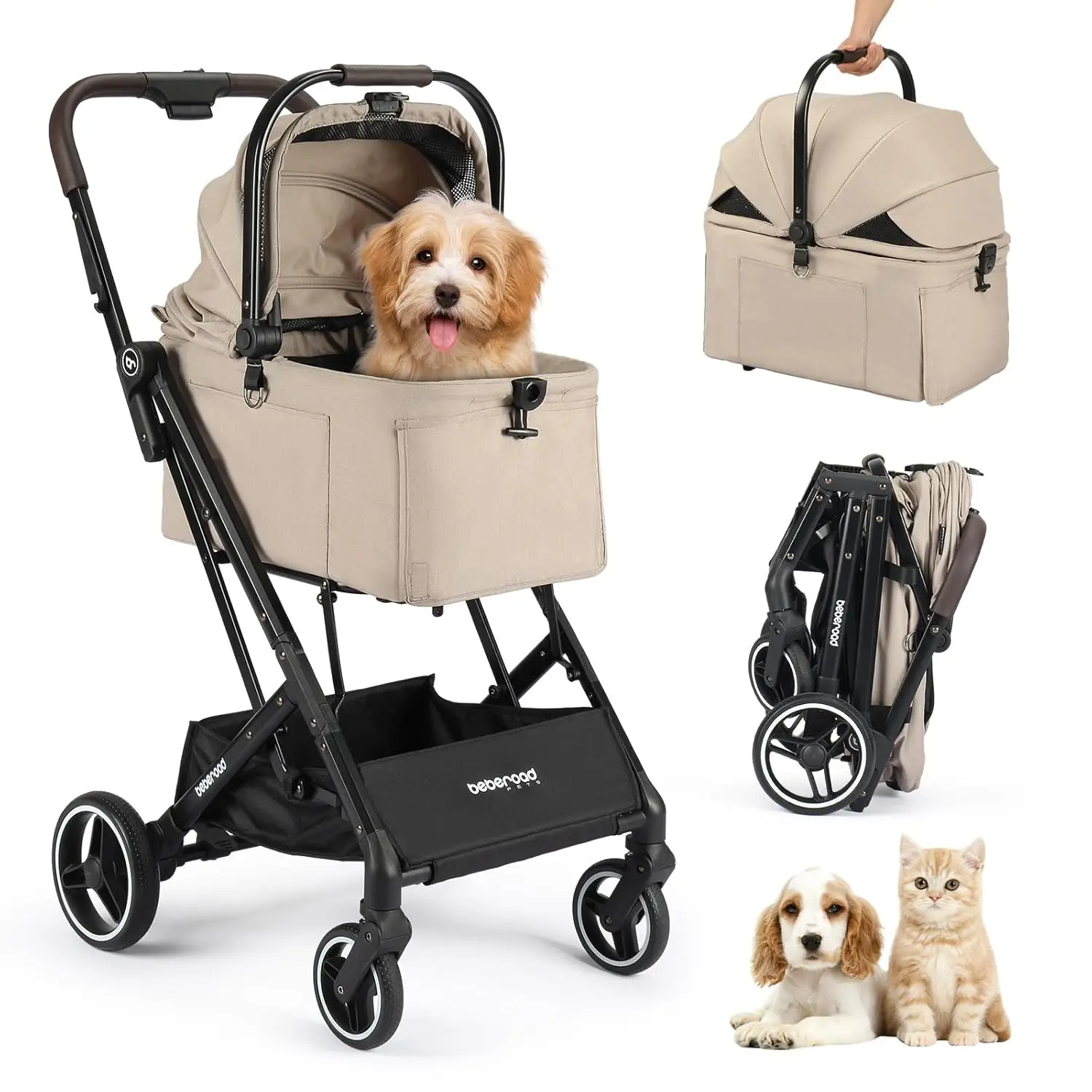 For Pet Walks, Pet Stroller in Camel, with Detachable & One-Click Folding Carrier, Waterproof Pad and Sunshade Canopy