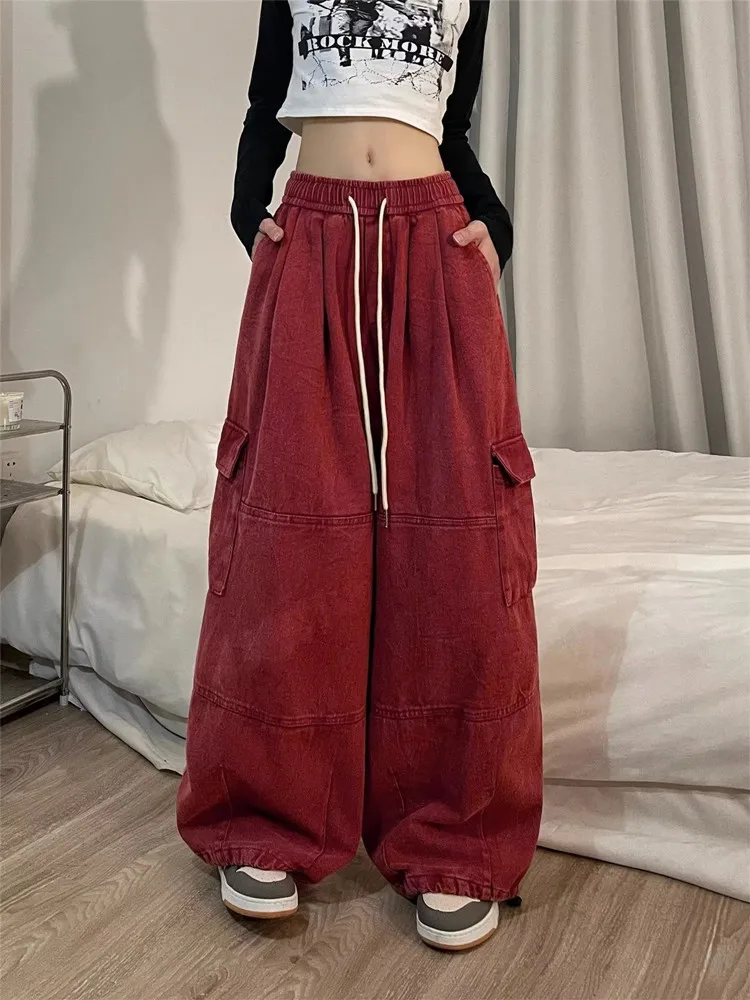 2023 Korean Y2K Fashion Drawstring Casual Baggy Cargo Jeans Pants Women Clothing Straight Wide Leg Sweatpants Female Trousers