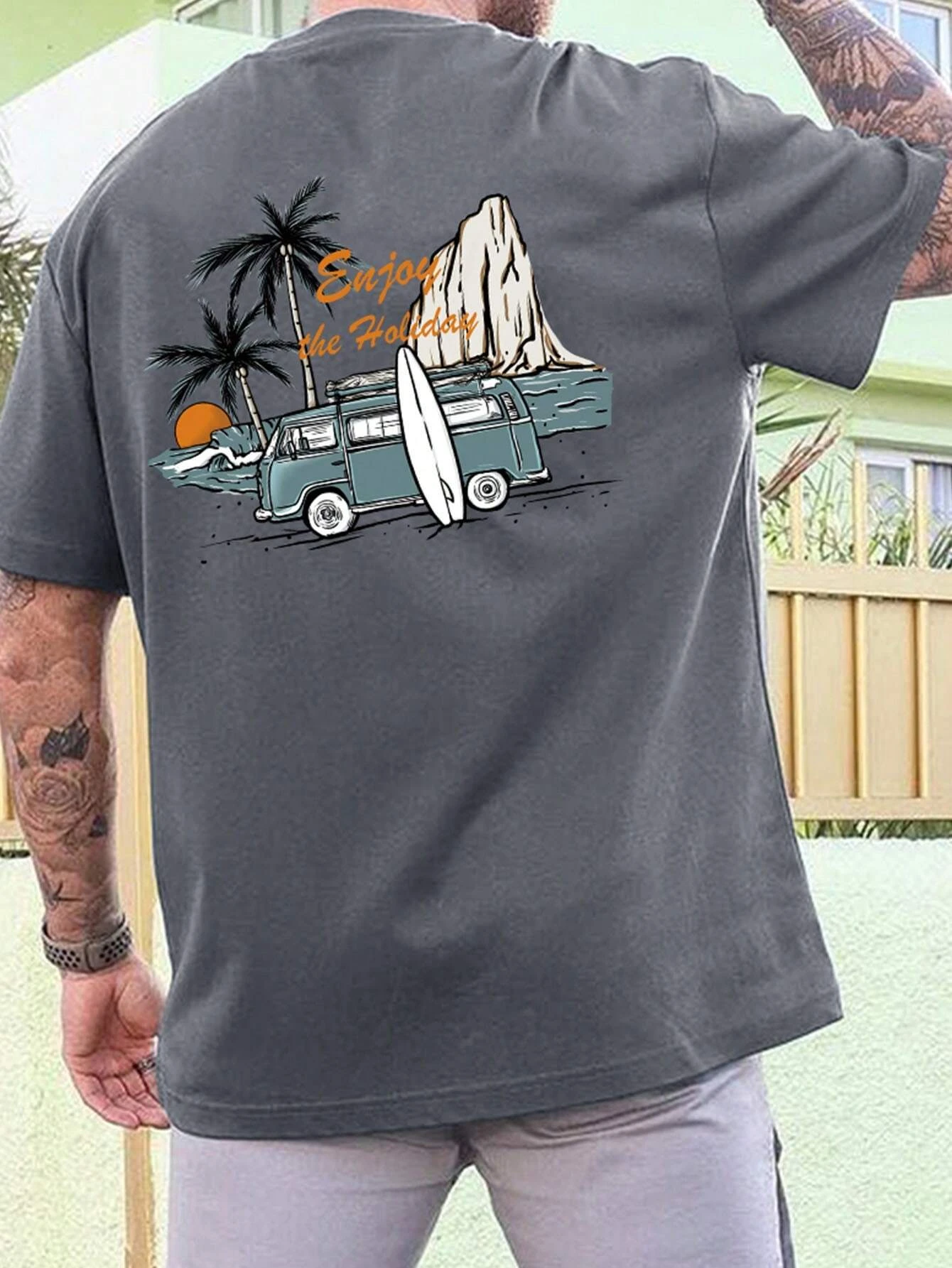 Palm Tree Car Men Cotton T-shirt Luxury Brand Fashion Big Size Top Casual Short Sleeve Streetwear Classic Print New Arrival Tee