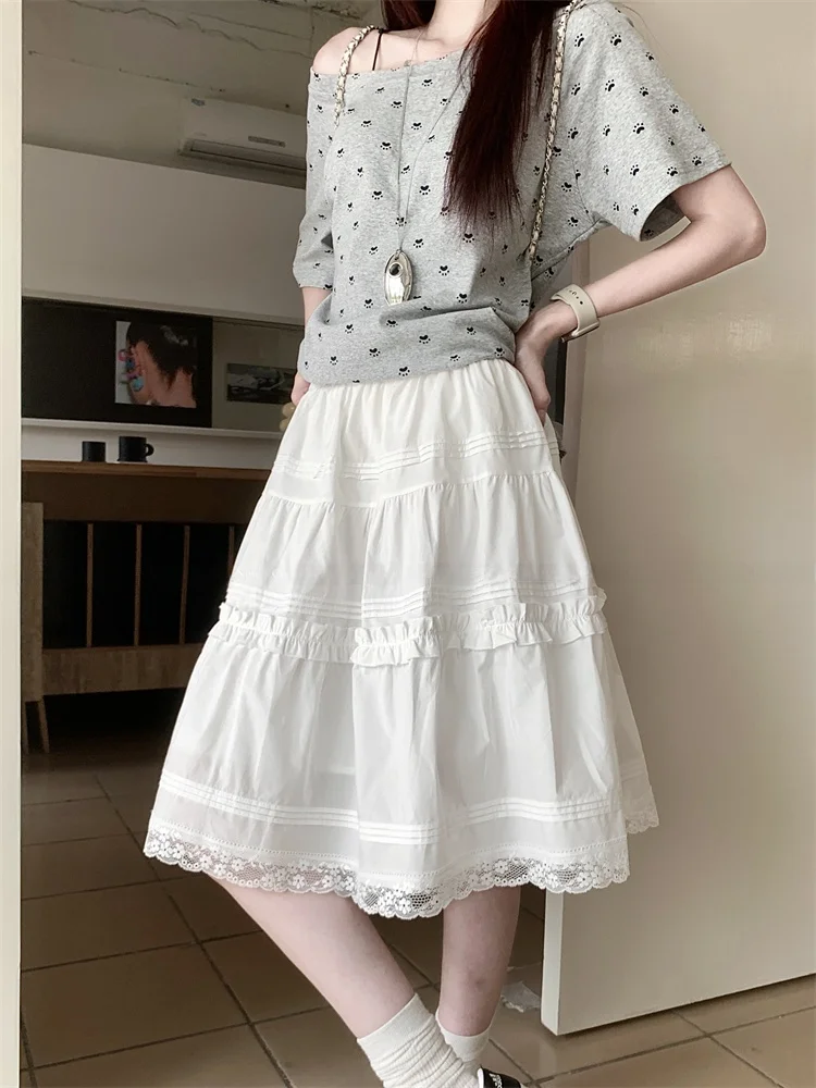 

PPHOME Балетная юбка-тортик с кружевной отделкой, женская юбка-миди трапециевидной формы с высокой талией, белая юбка, летняя милая мода