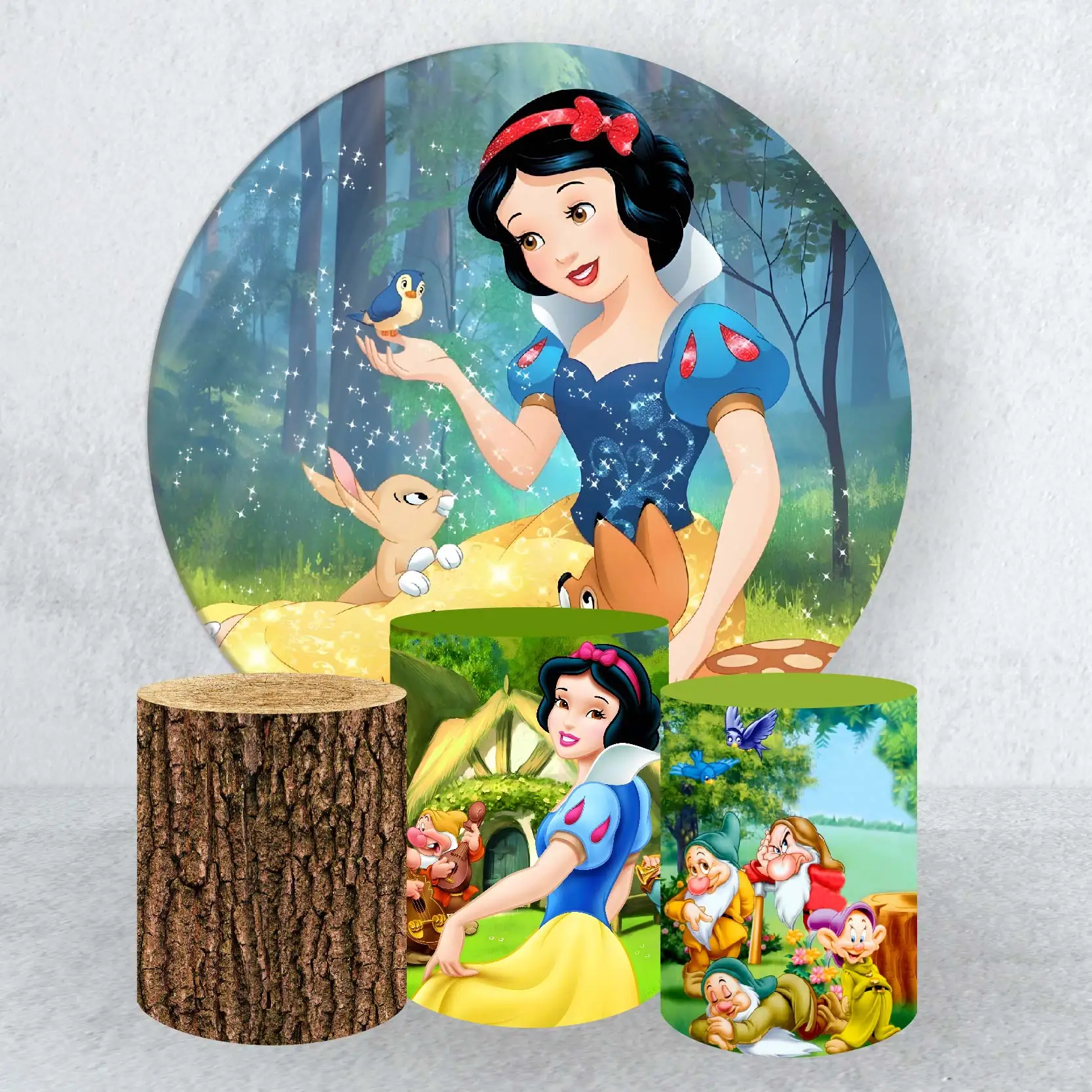 

Cartoon Snow White Girl's Birthday Round Backdrop Elastic Cover & Dwarf Cylinder Covers for Baby Shower Background Decoration