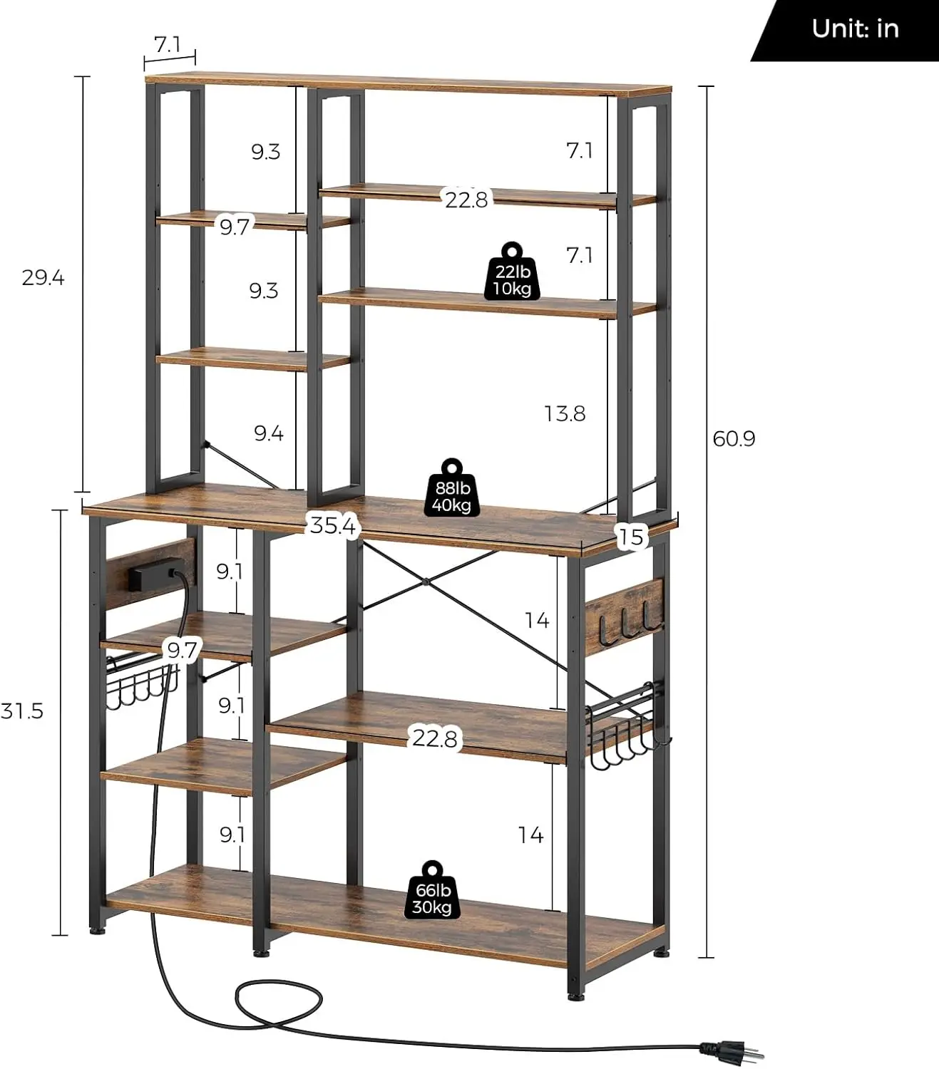 Rack de padeiro, prateleira de armazenamento utilitária de cozinha de 10 camadas de 60,9 polegadas, suporte para forno de micro-ondas, barra de café estável, marrom rústico