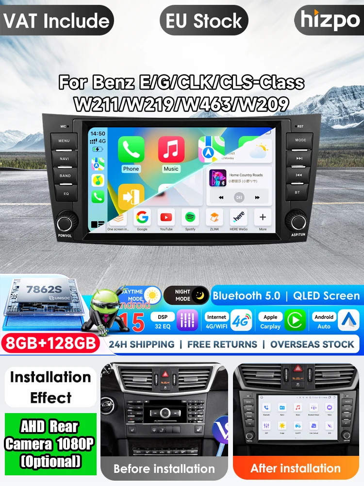 Hizpo 8-Zoll AI-Sprach-Autoradio für Mercedes Benz E-Klasse W211 E200 E220 E300 E350 E240 E270 E280 W219 Android Auto Radio Carplay 4G DSP Auto-Multimedia-Player Navigation GPS 2-DIN Stereo-Headunit
