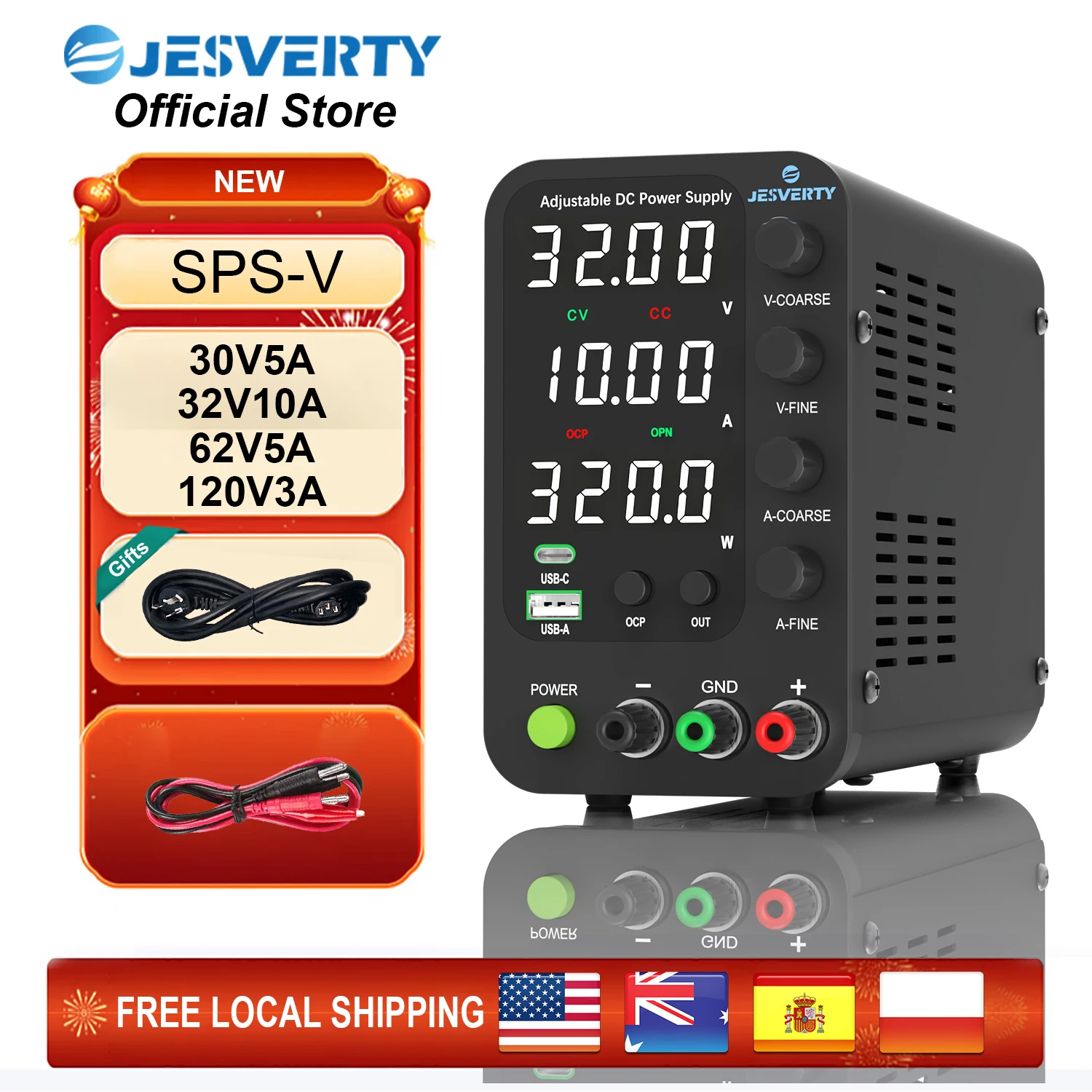 Jesverty DC Lab Power Supply 30V 60V 120V Adjustable Voltage Regulator Benchtop Switching Power Supply Preset Current On/Off