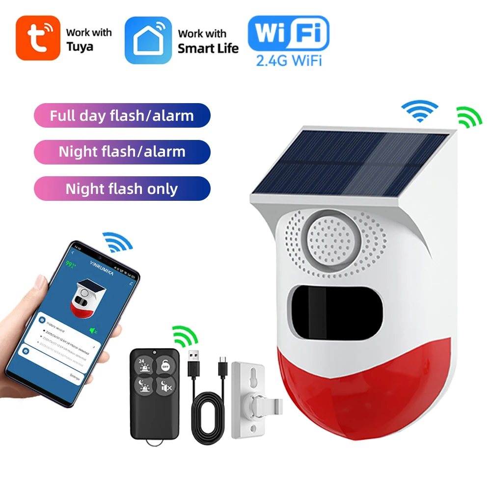 

Tuya Smart WiFi Infrared Motion Detector Solar Outdoor PIR Wireless Strobe Siren Detector Sound Alarm Waterproof Remote Control