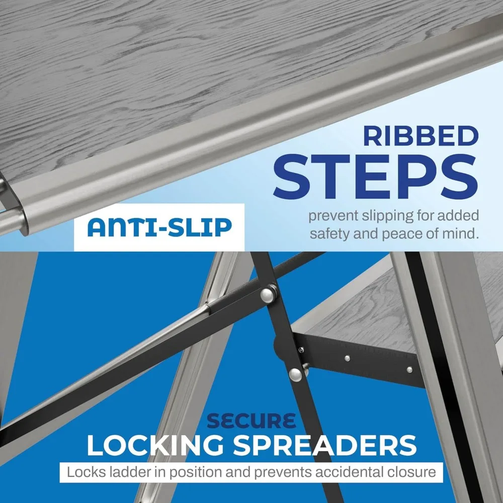 سلم قابل للطي بأربعة خطوات - خشب رمادي وألومنيوم فضي أنيق، تصميم نحيف، معالجات مضادة للانزلاق، متينة ومحمولة، مثالية للحمل
