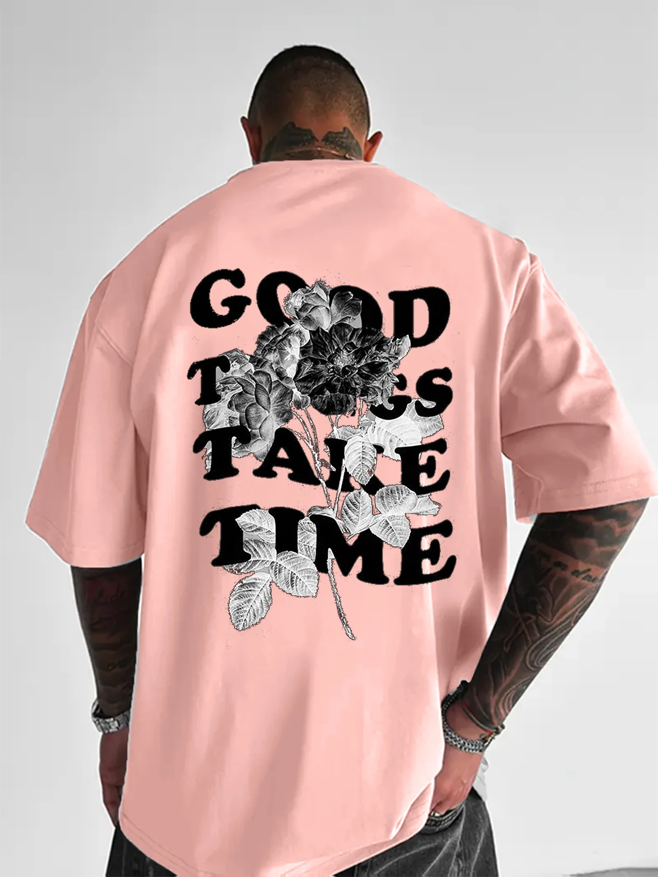 Men Oversized Crew Neck Short Sleeve T-Shirt Good Things Take Time Vintage Rose Graphic Back Print Casual Summer Streetwear Tee