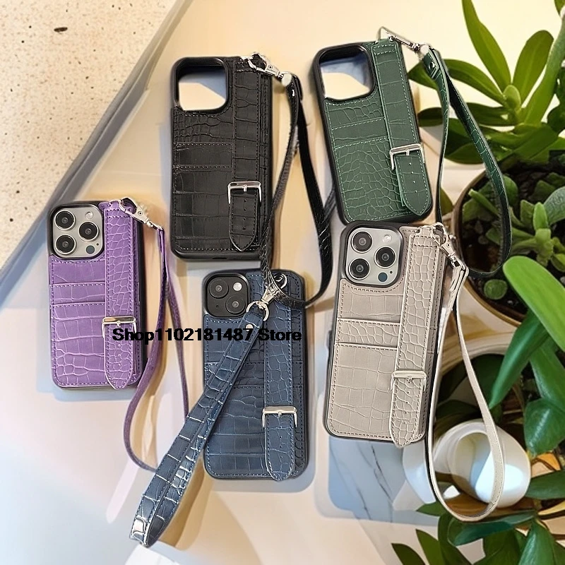 

Luxury Suitable for iphone 16 Alligator Pattern Card Mobile Phone Case 12 13 14 15 pro max Wristband Lanyard Anti-drop 11 case