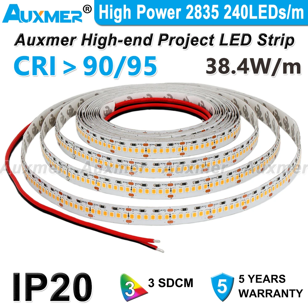 High Power 2835 LED Strip Light 240LEDs/m,38.4W/m CRI95/90,12mm PCB 24V High Density 1200LEDs/Reel Dimmable LED Lights for Room